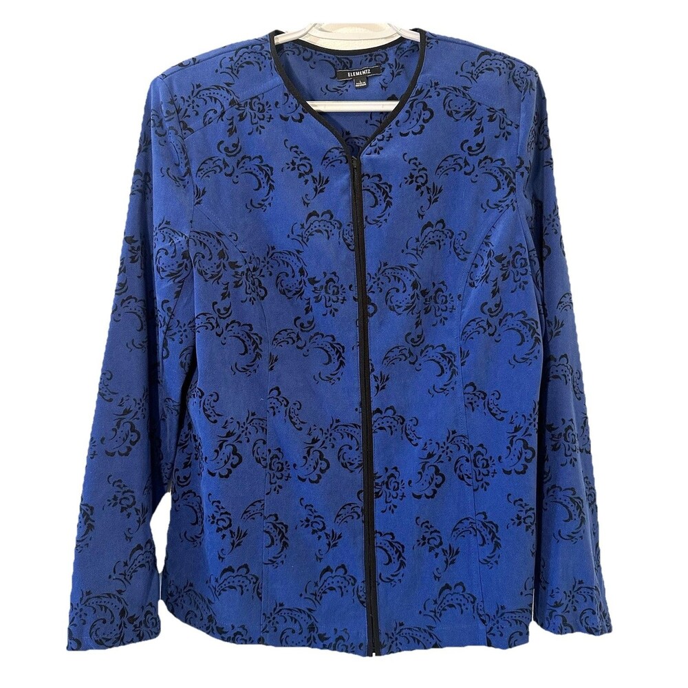 Elementz Blue Black Floral Zip Front Jacket Womens Large Stretch Knit